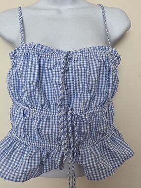 No Boundaries Blue and White Gingham Smocked Peplum Crop Top
